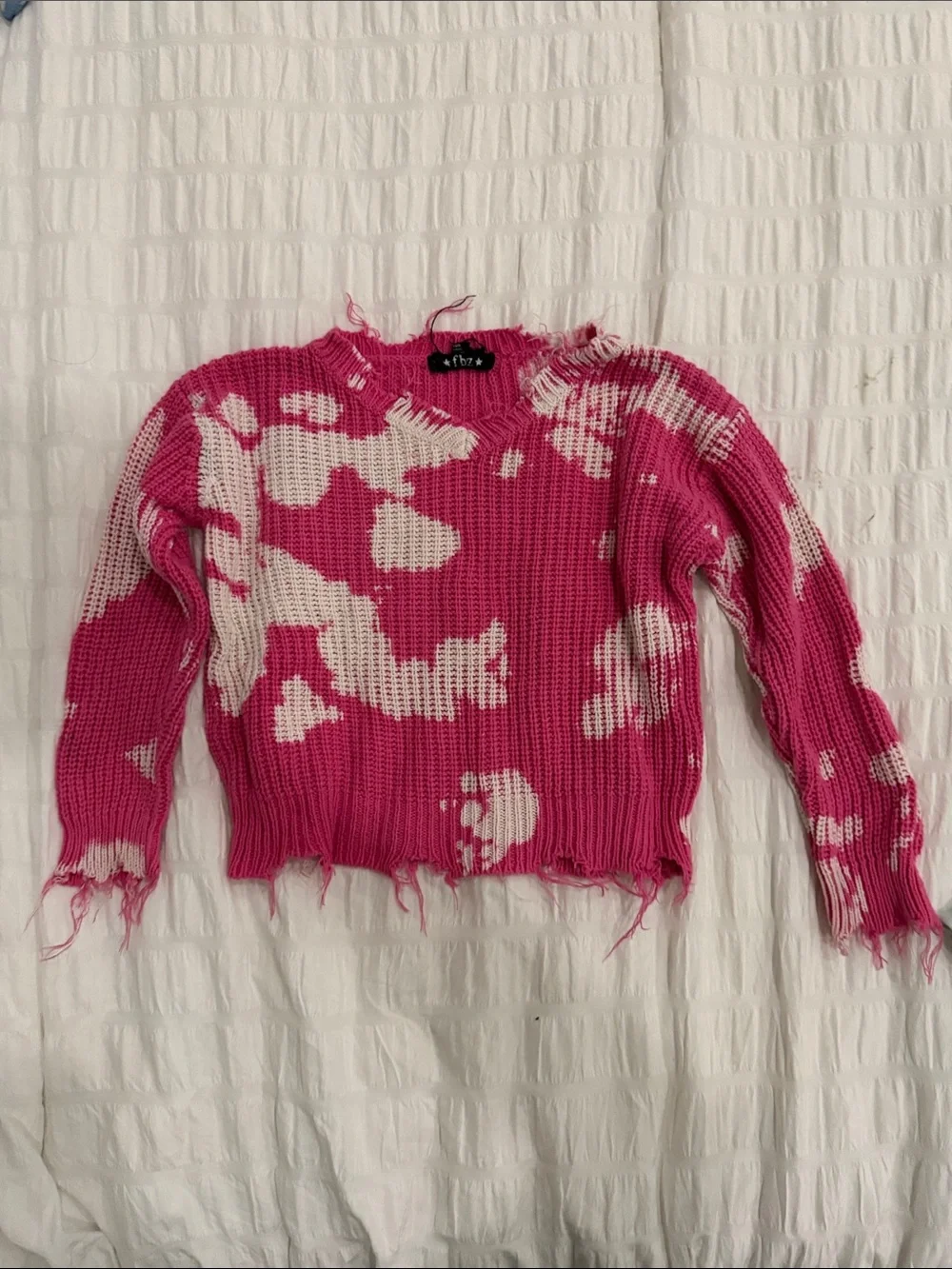 Flowers by Zoe Pink & Cream Distressed Knit Crew Sweater